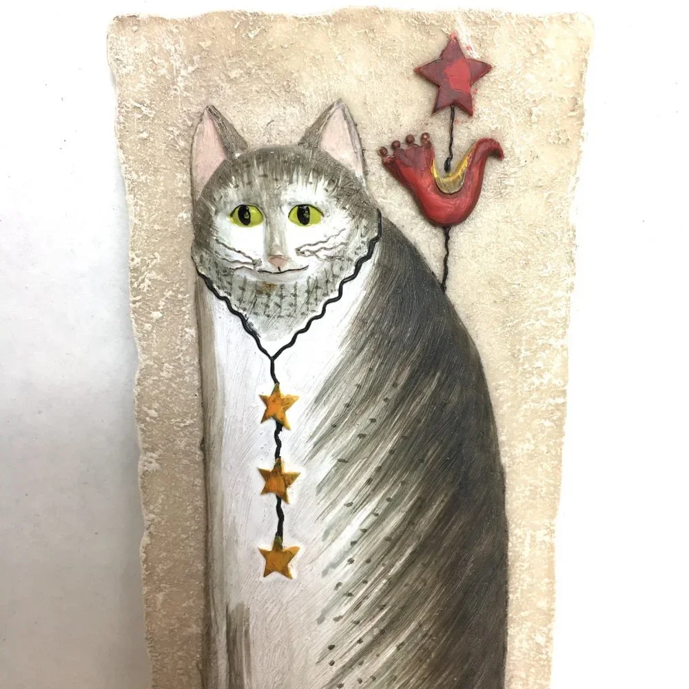 * Vintage E. Smithson 3D Wall Plaque Panel Whimsical Folk Art grey tabby 3